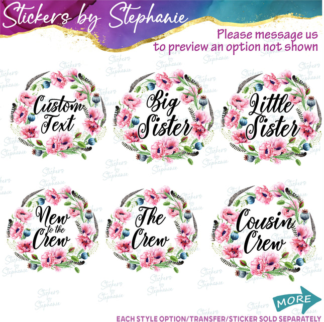 (s06-036) Pink Poppies Floral Wreath Custom Text Iron-On Transfer