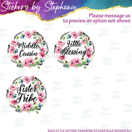 (s06-036) Pink Poppies Floral Wreath Custom Text Iron-On Transfer or Sticker