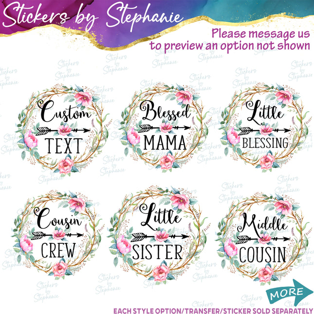 (s06-037) Rose Floral Wreath Custom Text Iron-On Transfer