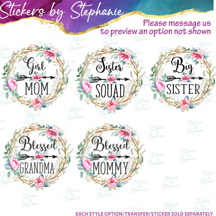 (s06-037) Rose Floral Wreath Custom Text Iron-On Transfer or Sticker