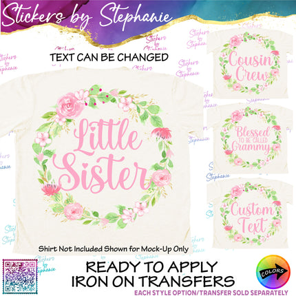 (s06-038) Rose Floral Wreath Custom Text Iron-On Transfer or Sticker