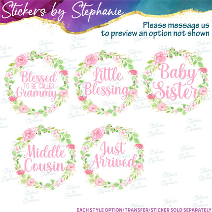 (s06-038) Rose Floral Wreath Custom Text Iron-On Transfer or Sticker