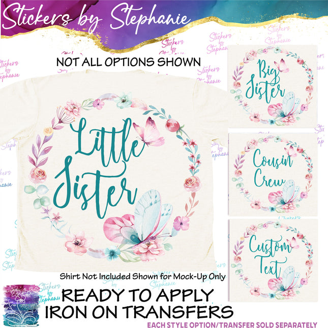 (s06-039) Pastel Floral Wreath Butterflies Custom Text Iron-On Transfer