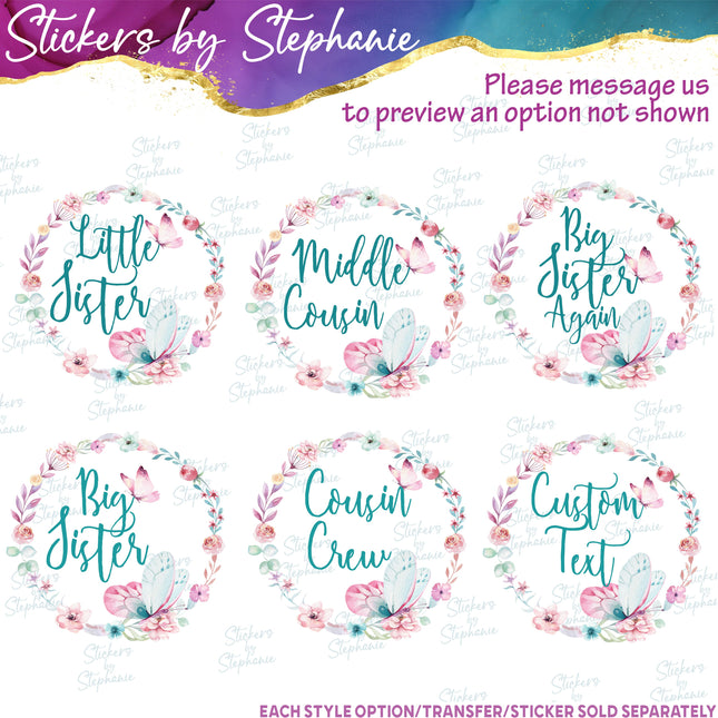 (s06-039) Pastel Floral Wreath Butterflies Custom Text Iron-On Transfer