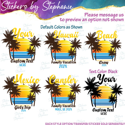 (s06-040) Palm Tree Sunset Custom Text Iron-On Transfer