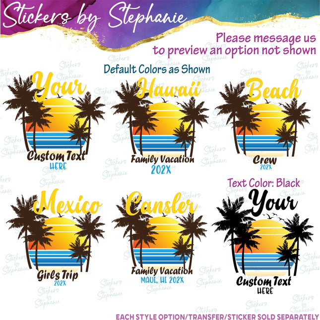 (s06-040) Palm Tree Sunset Custom Text Iron-On Transfer
