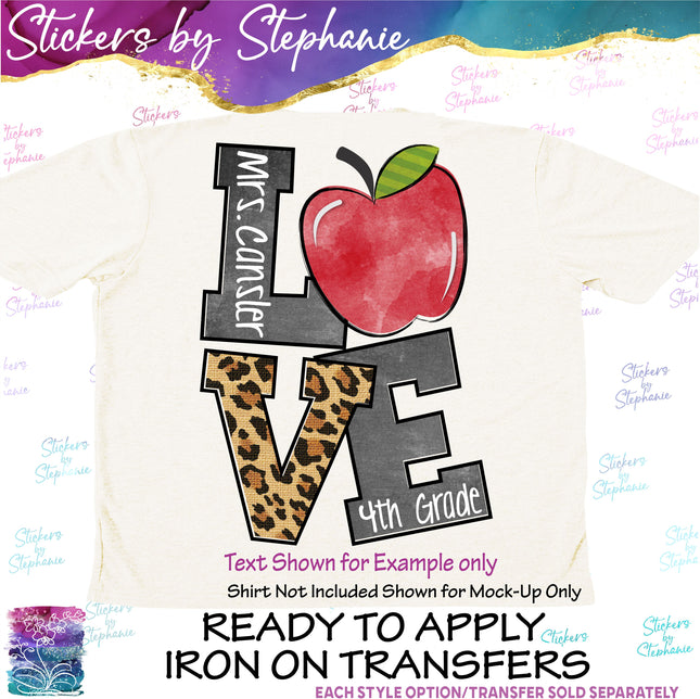 (s06-041) Stacked Love Apple Teacher Name Grade Custom Iron-On Transfer