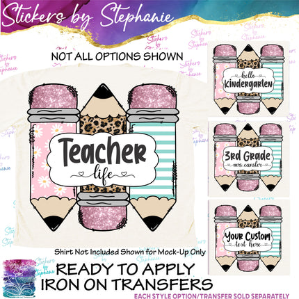 (s06-048) Floral Pencils Student Teacher Name Grade Custom Iron-On Transfer or Sticker