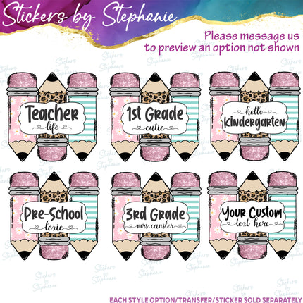 (s06-048) Floral Pencils Student Teacher Name Grade Custom Iron-On Transfer or Sticker