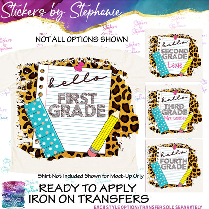 (s06-050) Leopard School Hello Grade Student Teacher Name Custom Iron-On Transfer or Sticker
