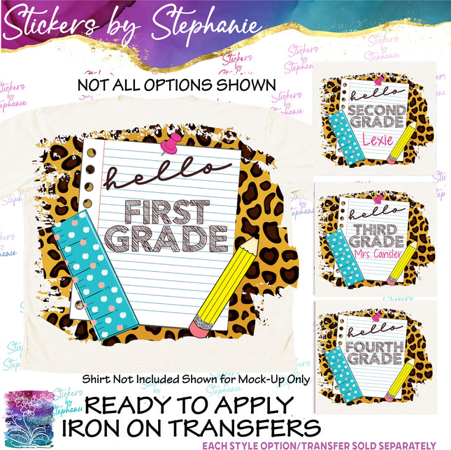 (s06-050) Leopard School Hello Grade Student Teacher Name Custom Iron-On Transfer