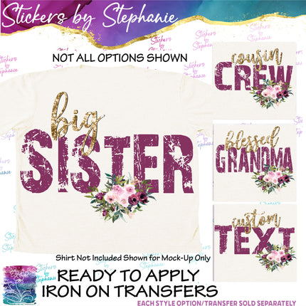 (s06-006) Burgundy Rose Floral Grunge Text Custom Iron-On Transfer or Sticker