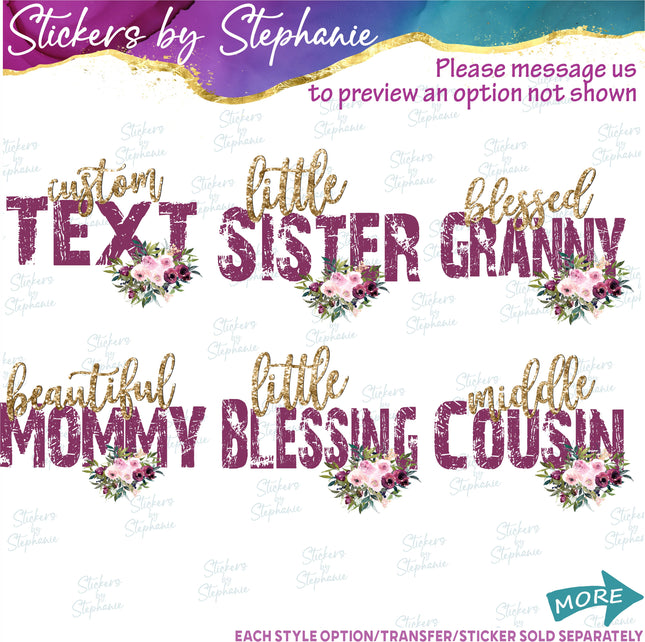 (s06-006) Burgundy Rose Floral Grunge Text Custom Iron-On Transfer