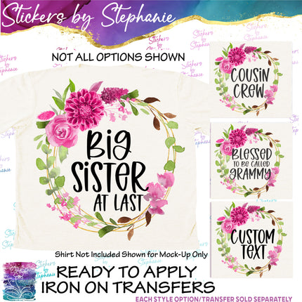 (s06-007) Dahlia Wreath Floral Custom Text Iron-On Transfer or Sticker