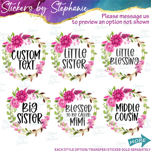 (s06-007) Dahlia Wreath Floral Custom Text Iron-On Transfer