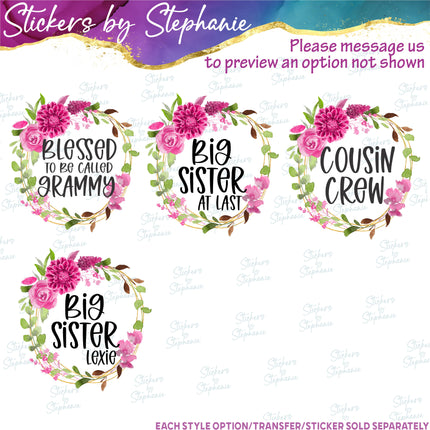 (s06-007) Dahlia Wreath Floral Custom Text Iron-On Transfer or Sticker