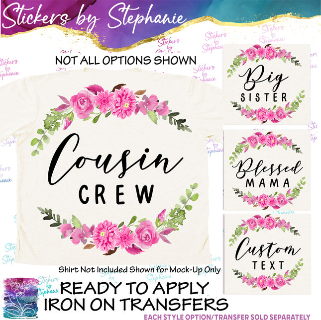 (s06-008) Dahlia Floral Wreath Custom Text Iron-On Transfer