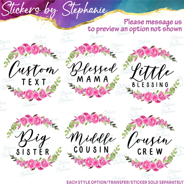 (s06-008) Dahlia Floral Wreath Custom Text Iron-On Transfer