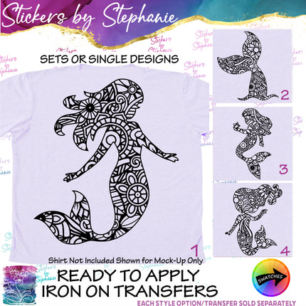 (s01-201) Mermaid Zentangle Iron-On Transfer or Sticker