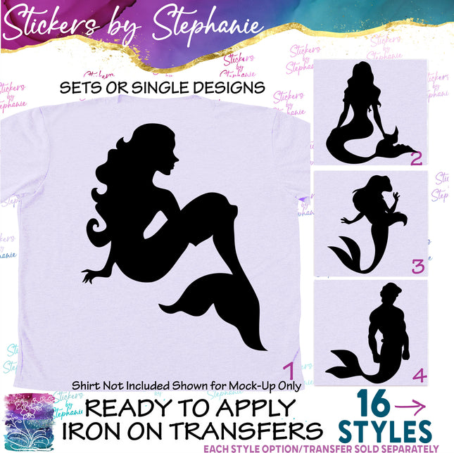 (s01-203) Mermaid, Merman Silhouette Iron-On Transfer