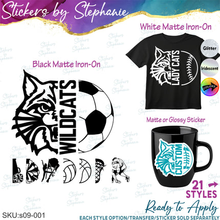 (s09-001) Wildcat Mascot Team Name Custom Text Iron-On Transfer or Sticker