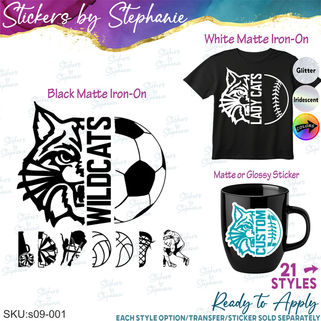 (s09-001) Wildcat Mascot Team Name Custom Text Iron-On Transfer or Sticker