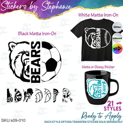(s09-010) Bear Mascot Team Name Custom Text Iron-On Transfer or Sticker