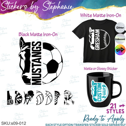(s09-012) Horse Mascot Team Name Custom Text Iron-On Transfer or Sticker
