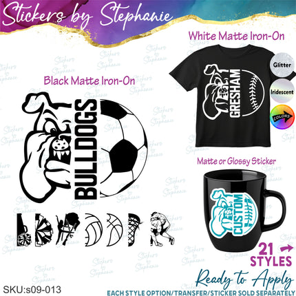 (s09-013) Bulldog Mascot Team Name Custom Text Iron-On Transfer or Sticker