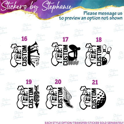 (s09-013) Bulldog Mascot Team Name Custom Text Iron-On Transfer or Sticker
