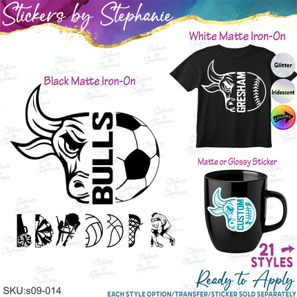 (s09-014) Bull Mascot Team Name Custom Text Iron-On Transfer or Sticker