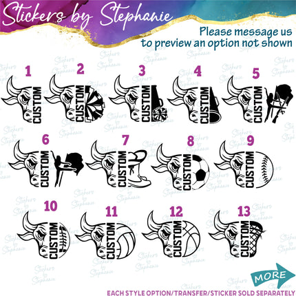 (s09-014) Bull Mascot Team Name Custom Text Iron-On Transfer or Sticker
