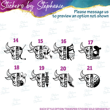(s09-014) Bull Mascot Team Name Custom Text Iron-On Transfer or Sticker