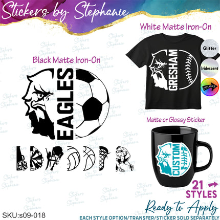 (s09-018) Eagle Mascot Team Name Custom Text Iron-On Transfer or Sticker