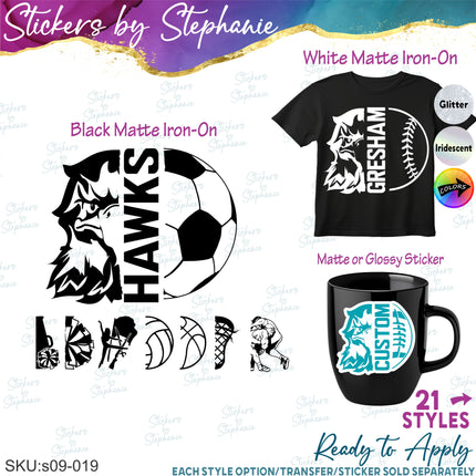 (s09-019) Hawk Mascot Team Name Custom Text Iron-On Transfer or Sticker