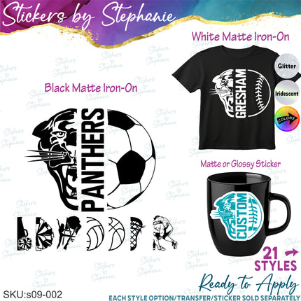 (s09-002) Panther Mascot Team Name Custom Text Iron-On Transfer or Sticker