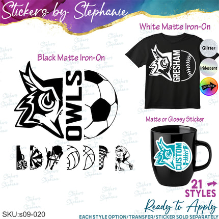 (s09-020) Owl Mascot Team Name Custom Text Iron-On Transfer or Sticker