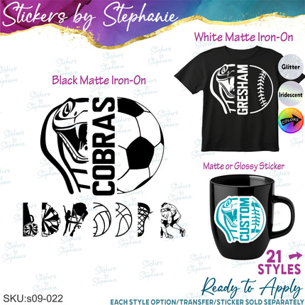 (s09-022) Snake Mascot Team Name Custom Text Iron-On Transfer or Sticker