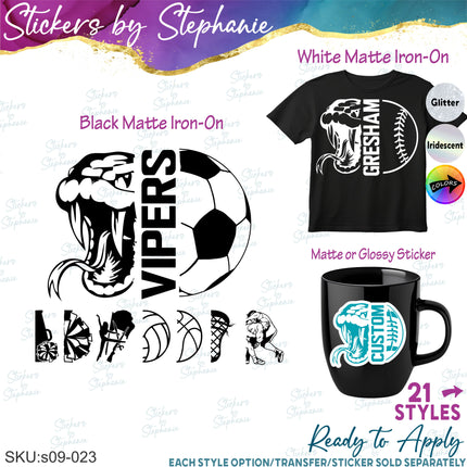 (s09-023) Snake Mascot Team Name Custom Text Iron-On Transfer or Sticker
