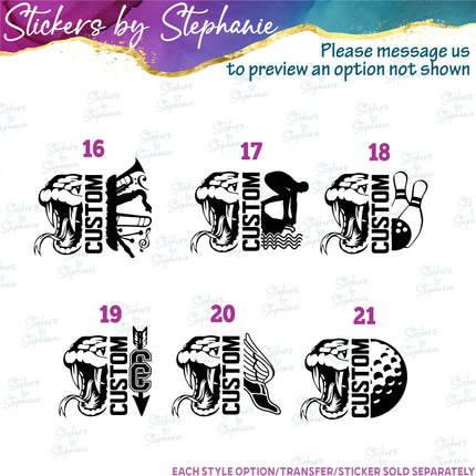 (s09-023) Snake Mascot Team Name Custom Text Iron-On Transfer or Sticker