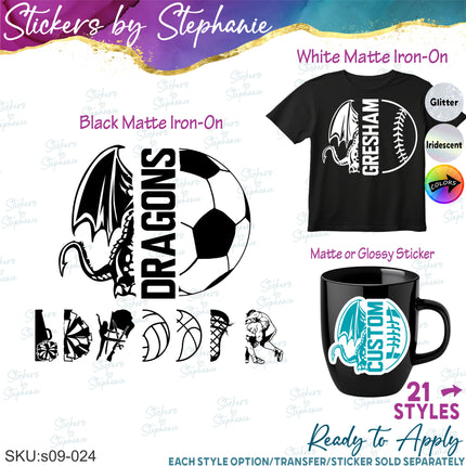 (s09-024) Dragon Mascot Team Name Custom Text Iron-On Transfer or Sticker