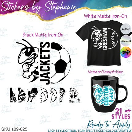 (s09-025) Bee Mascot Team Name Custom Text Iron-On Transfer or Sticker