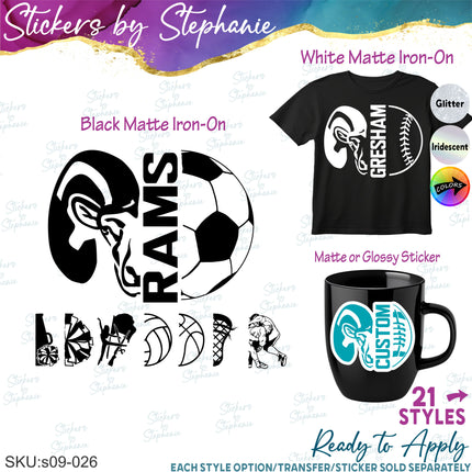 (s09-026) Ram Mascot Team Name Custom Text Iron-On Transfer or Sticker