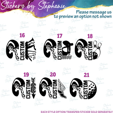 (s09-026) Ram Mascot Team Name Custom Text Iron-On Transfer or Sticker
