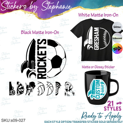 (s09-027) Rocket Mascot Team Name Custom Text Iron-On Transfer or Sticker