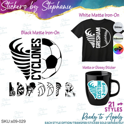 (s09-029) Cyclone Mascot Team Name Custom Text Iron-On Transfer or Sticker