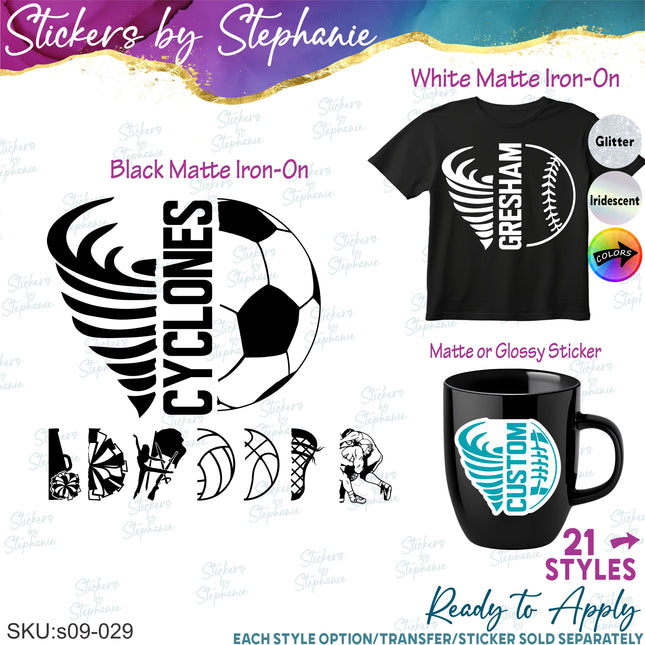 (s09-029) Cyclone Mascot Team Name Custom Text Iron-On Transfer or Sticker