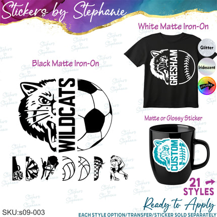 (s09-003) Wildcat Mascot Team Name Custom Text Iron-On Transfer or Sticker