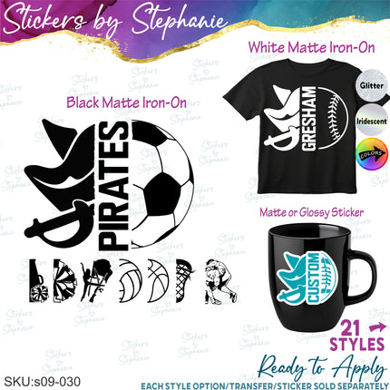 (s09-030) Pirate Mascot Team Name Custom Text Iron-On Transfer or Sticker