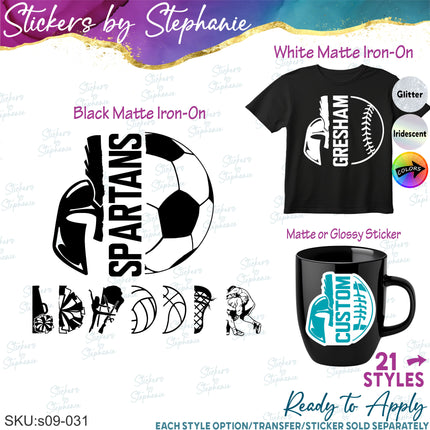 (s09-031) Spartan Mascot Team Name Custom Text Iron-On Transfer or Sticker